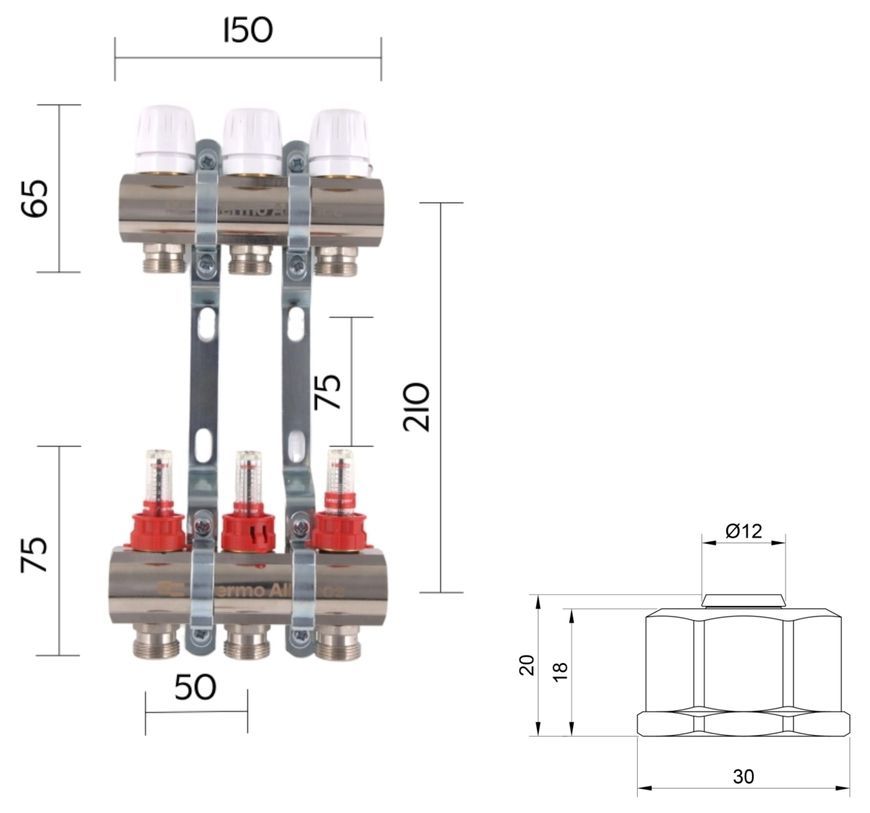 Коллектор с расходомерами Thermo Alliance Standart 1" 3 выхода 3/4" + евроконусы 3/4''х16&times;2 SD235W348884 - SD235W348884