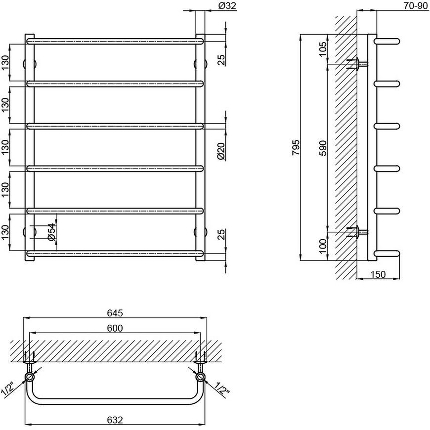 Рушникосушарка водяна LIDZ Standard (CRM) D32/20х1/2" 600x800 P6 - LSTNDD32201260806WAT