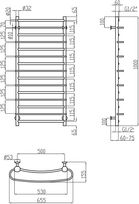 Полотенцесушитель водяной LIDZ Standard (CRM) РЛС D32/20х1/2" 500x1000 P6 - LSTNDRLSD322012501006WAT