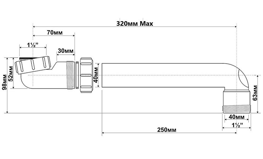Подовжувач McALPINE 320 мм для сифону 1 1/2″х1 1/2″ з гайкою HC13-LI