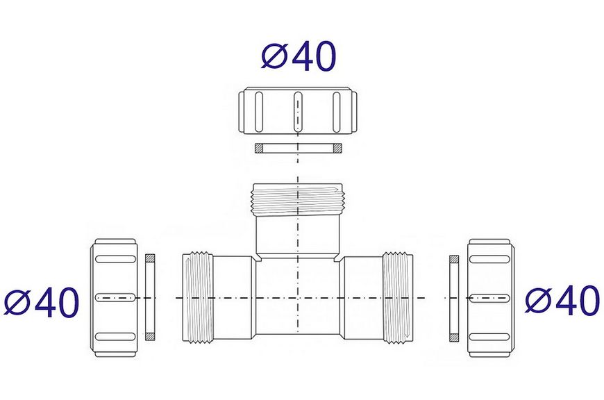 Тройник McALPINE полипропиленовый 40х40х40 мм с гайками (компрессионное соединение) 40E-WH