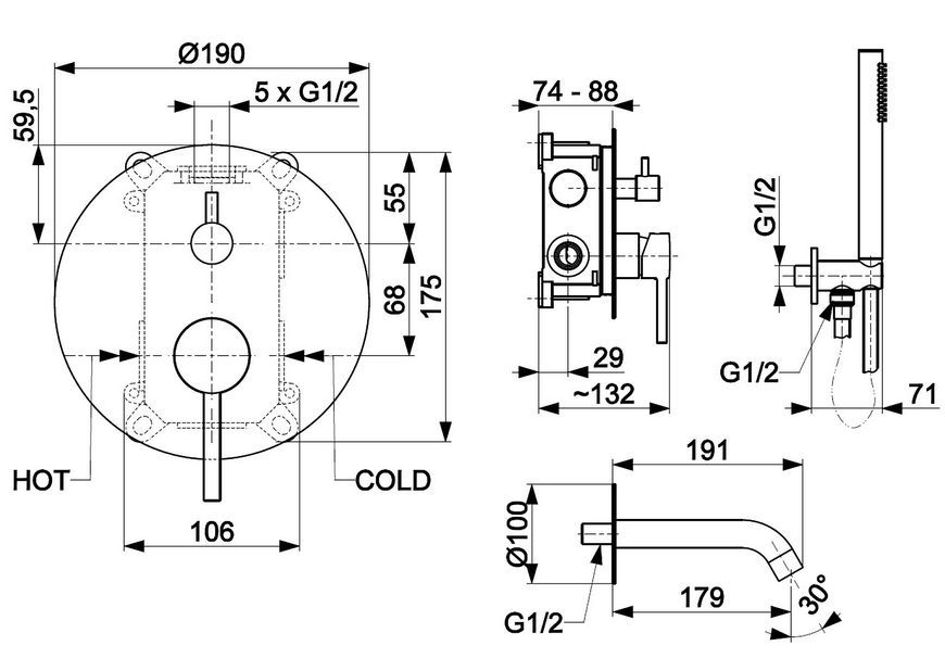 Смеситель для ванны скрытого монтажа KFA ARMATURA MOZA GOLD 5039-401-31 золото - 5039-401-31