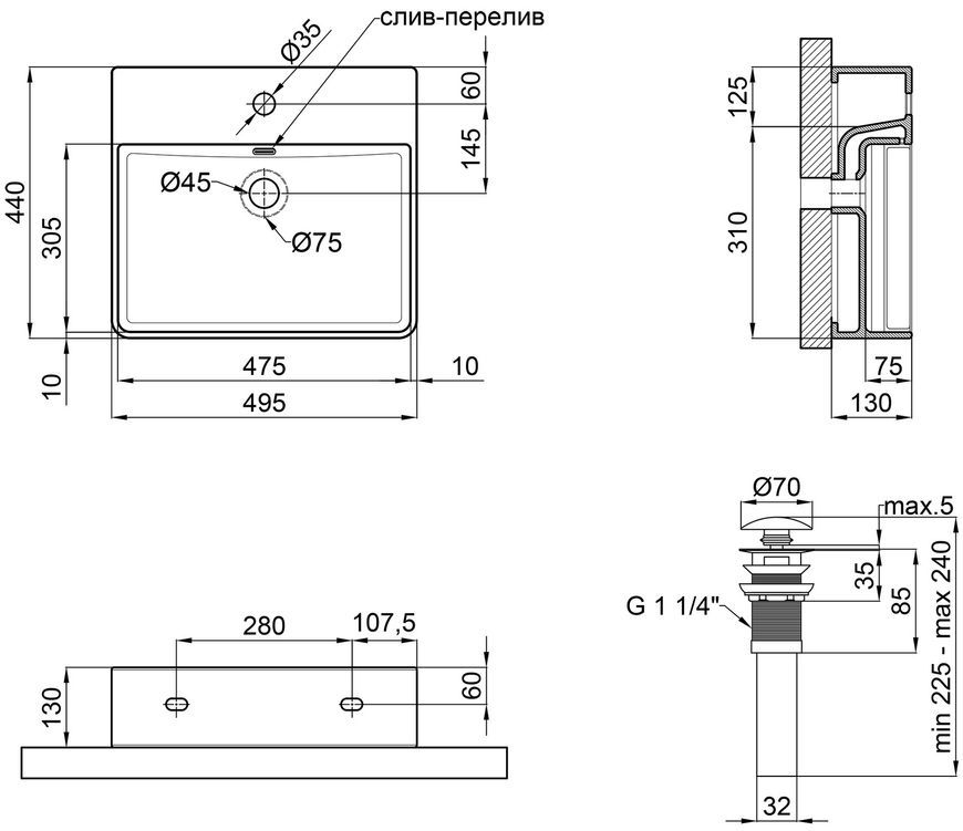 Раковина QTAP Nando LT 495х440х130 White з донним клапаном QT12112173SW - QT12112173SW