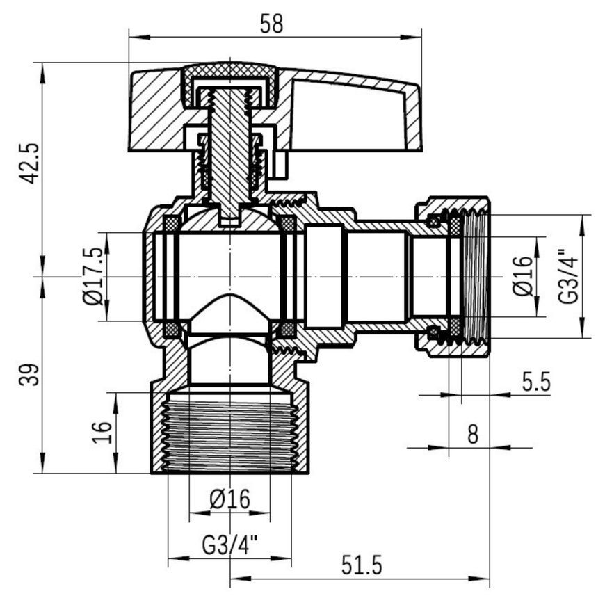 Кран шаровой угловой с накидной гайкой Thermo Alliance Standart 3/4" ВР латунь PN40 TAS223W20
