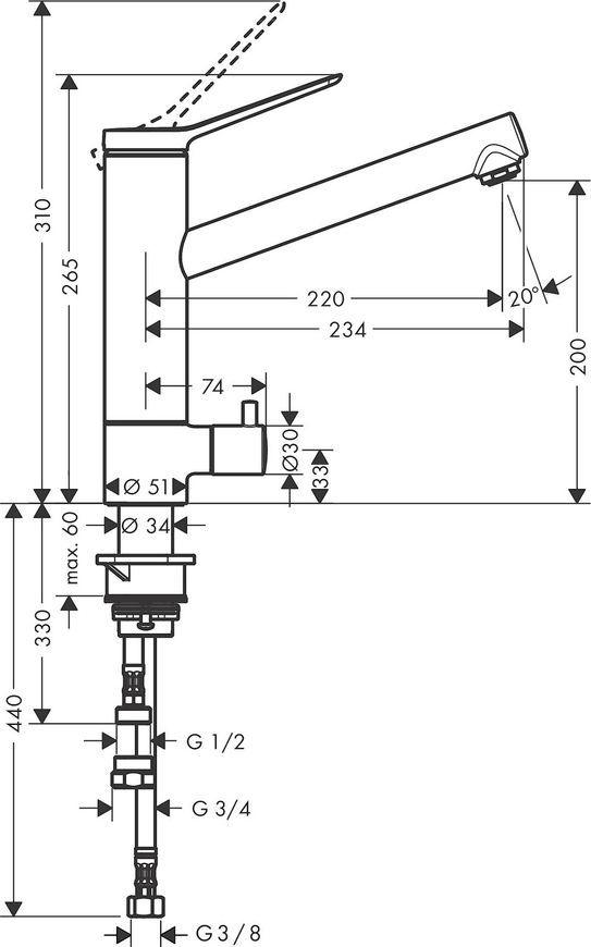 Змішувач кухонний HANSGROHE Zesis M33 200 1jet з запірним клапаном 74808000 хром - 74808000
