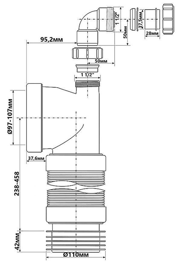 Канализационное гибкое подключение (колено) McALPINE 280-500 мм 90&deg; 97-107/110 мм с отводом 40 мм WC-CON8FD