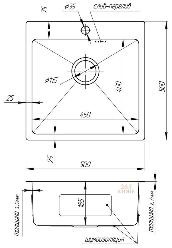 Кухонная мойка IMPERIAL D5050BL PVD black Handmade 2,7/1,0 мм (IMPD5050BLPVDH10) - IMPD5050BLPVDH10