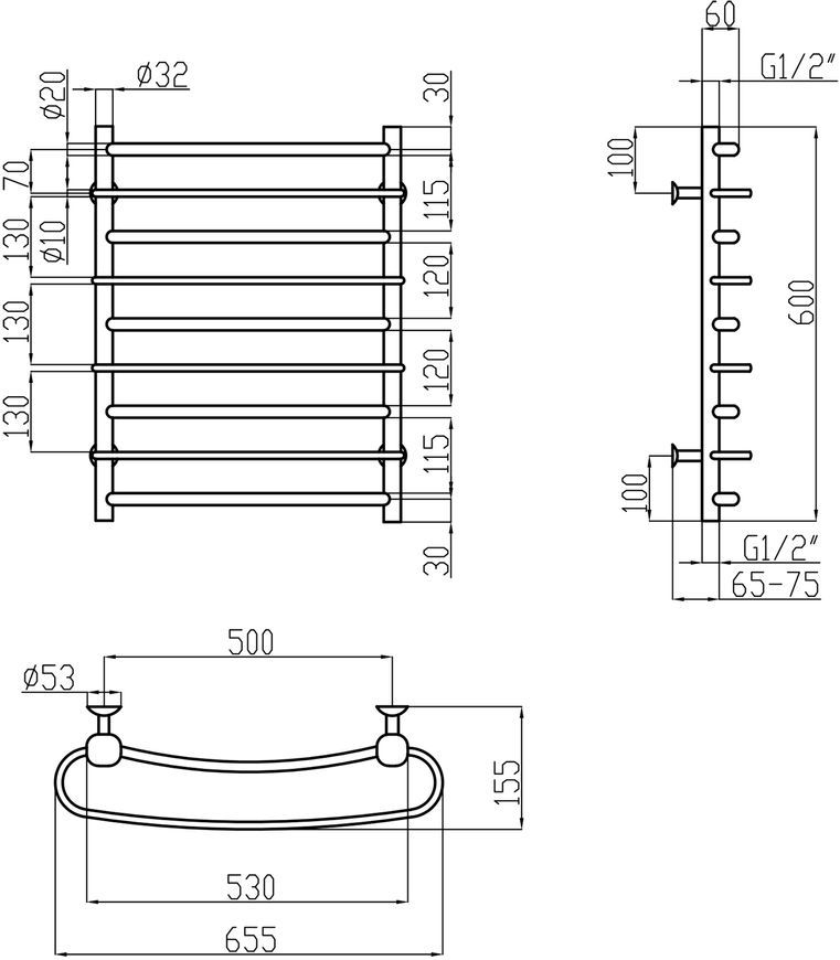 Полотенцесушитель водяной LIDZ Standard (CRM) РЛС D32/20х1/2" 500x600 P4 - LSTNDRLSD32201250604WAT