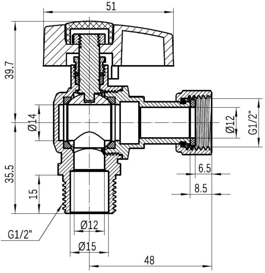 Кран шаровой угловой с накидной гайкой Thermo Alliance Standart 1/2" ВН латунь PN40 TAS224W15