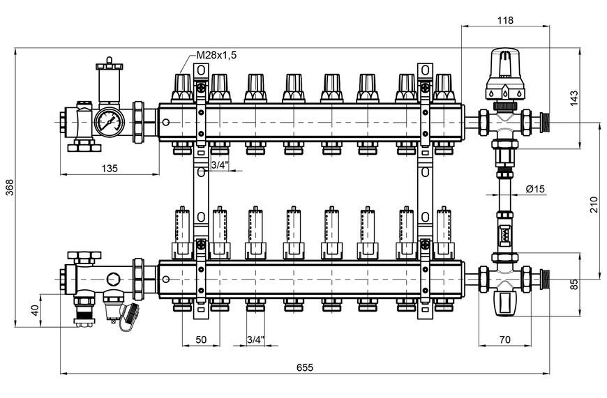 Колекторна група ICMA 1" 8 виходів, з витратомірами №K0111 A1K013APL06 - A1K013APL06