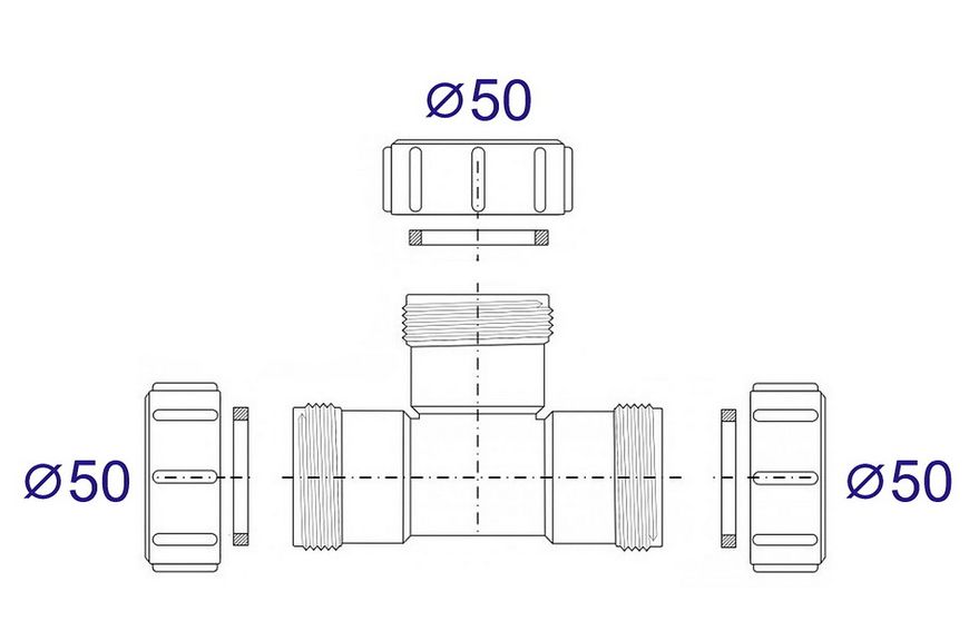 Тройник McALPINE полипропиленовый 50х50х50 мм с гайками (компрессионное соединение) 50E-WH