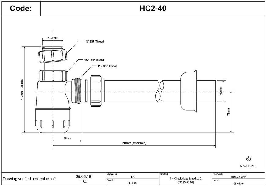 Сифон для умывальника McALPINE 1 1/4&Prime; x 40 мм низкий HC2-40 - HC2-40