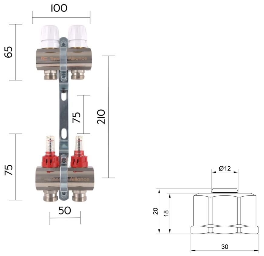 Коллектор с расходомерами Thermo Alliance Standart 1" 2 выхода 3/4" + евроконусы 3/4''х16&times;2 SD235W248883 - SD235W248883
