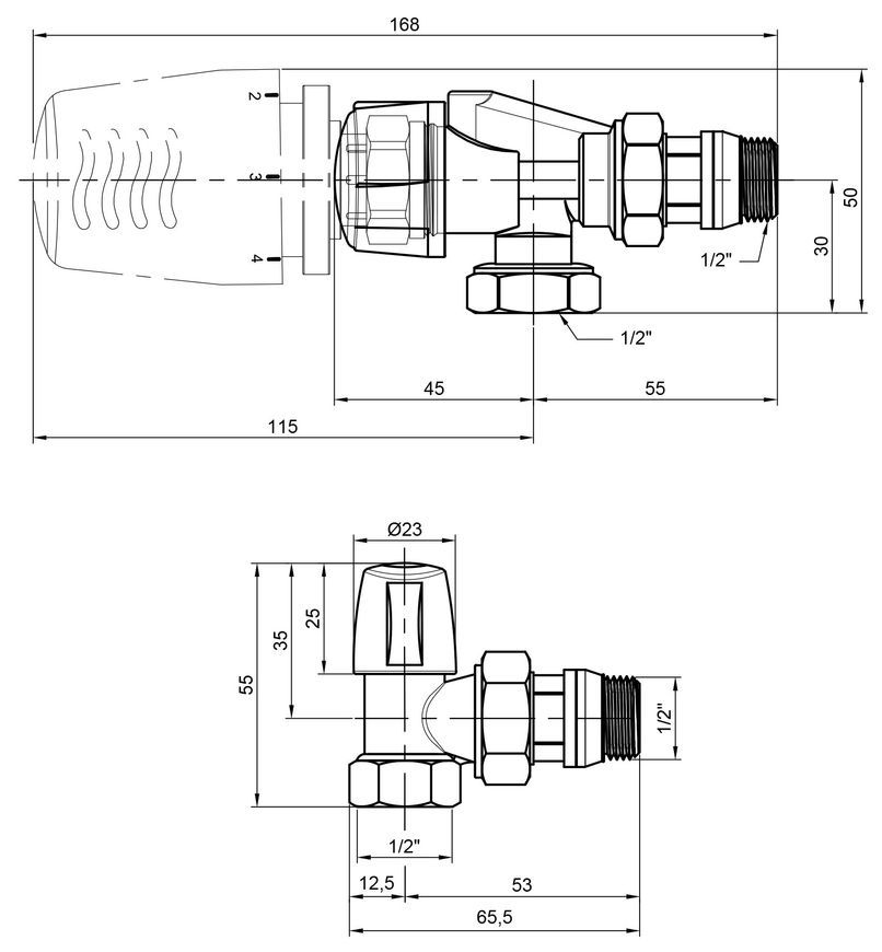 Термокомплект кранов с термоголовкой Icma 1/2" с антипротечкой угловой №KIT 1100+878-940+805-940 82KITNAD061100