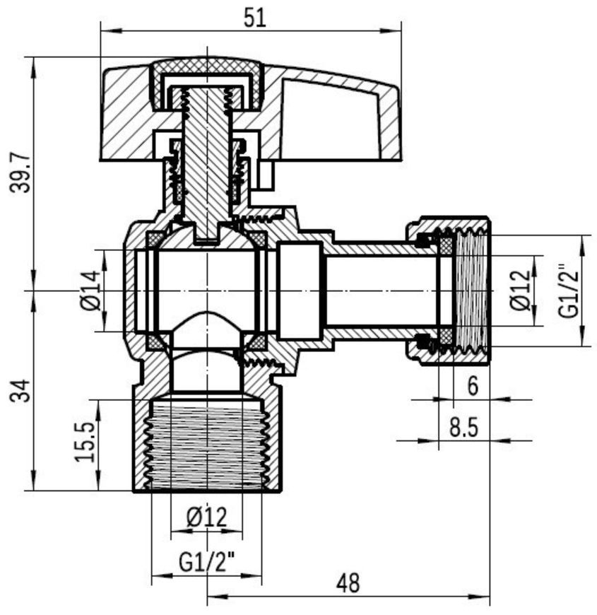 Кран кульовий кутовий з накидною гайкою Thermo Alliance Standart 1/2" ВР латунь PN40 TAS223W15