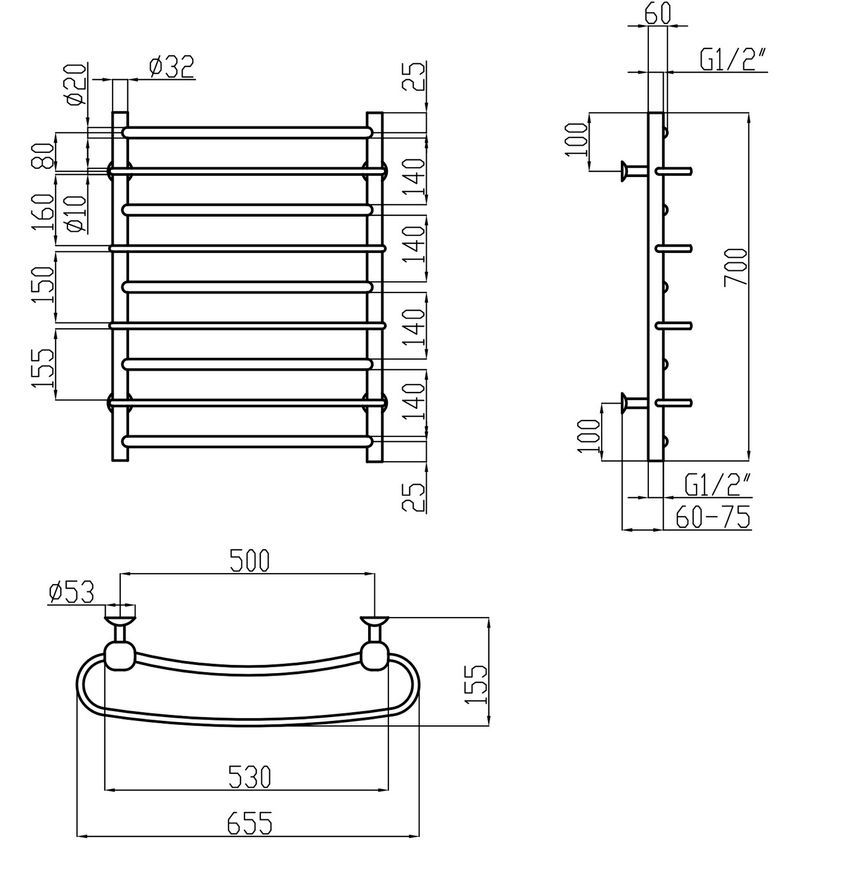 Полотенцесушитель водяной LIDZ Standard (CRM) РЛС D32/20х1/2" 500x700 P5 - LSTNDRLSD32201250705WAT