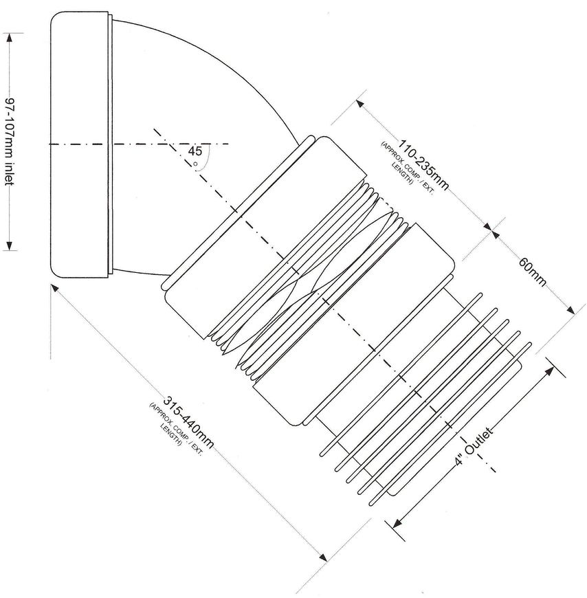 Канализационное гибкое подключение (колено) McALPINE 315-440 мм 45° 97-107/110 мм WC-CON16F