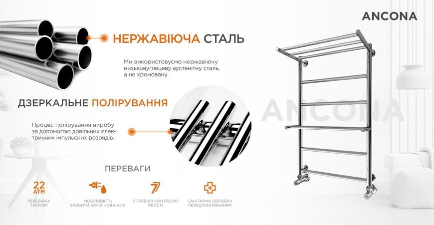 Рушникосушарка водяна Mario INOX Анкона 770х530/500 нержавіюча сталь 1.8.044544.P - 1.8.044544.P