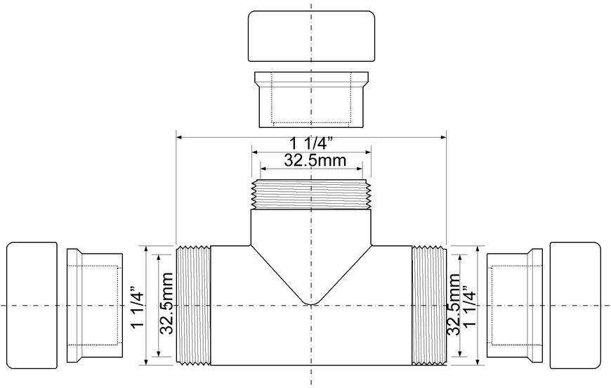 Тройник McALPINE хром латунь 32х32х32 мм с гайками (компрессионное соединение) 32E-CB
