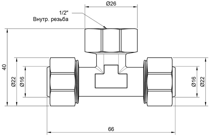 Тройник обжимной SD Plus 16х1/2"х16 ВР разборный латунь SD159W161516