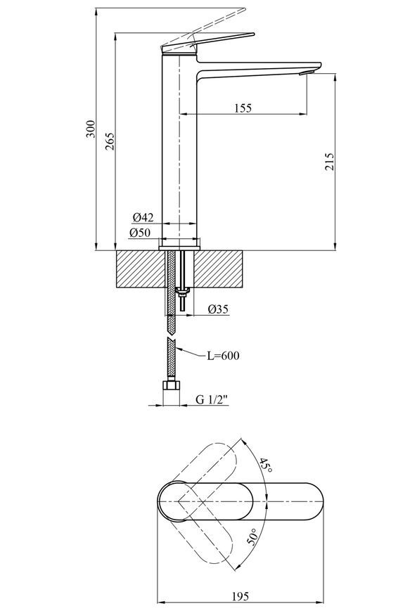 Змішувач для раковини високий Kroner Element 211111-3801 латунь, чорний CV035944 - Element 211111-3801