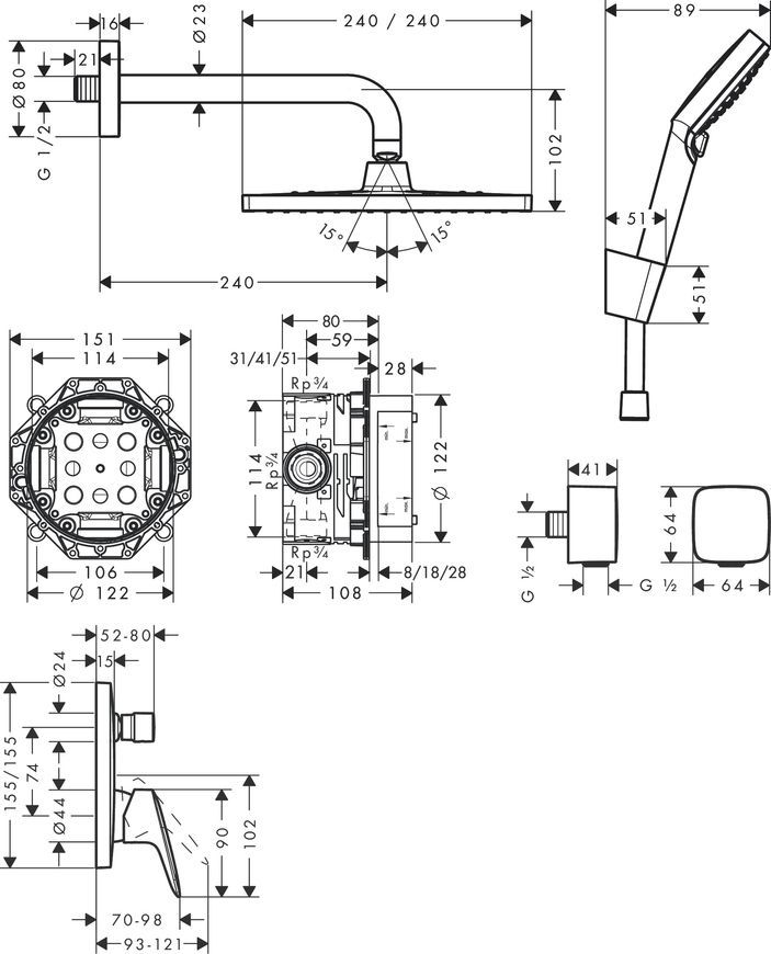 Душова система HANSGROHE Crometta E 240 1jet з одноважільним змішувачем 8 в 1 хром 27957000 - 27957000