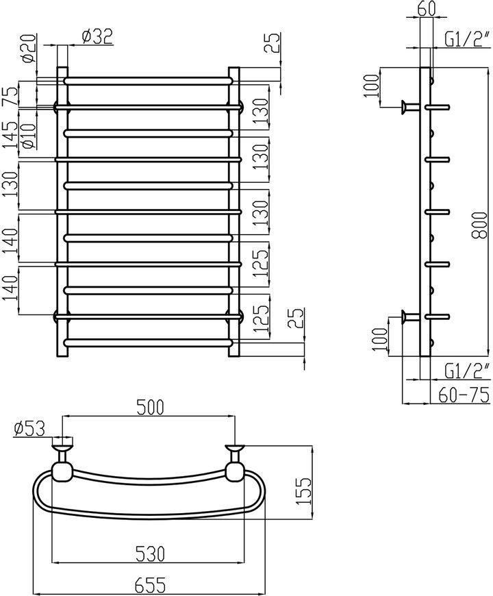 Рушникосушарка водяна LIDZ Standard (CRM) РЛС D32/20х1/2" 500x800 P5 - LSTNDRLSD32201250805WAT