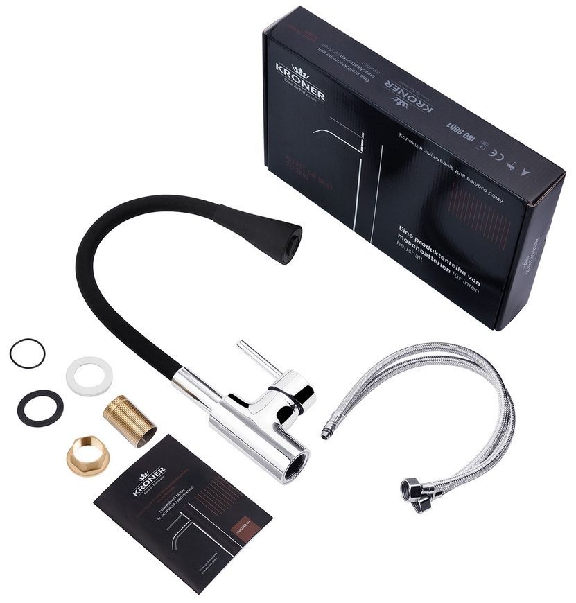 Смеситель для кухни с гибким изливом Kroner KRP Kuche-C031BLK латунь хром/черный CV024338 - Kuche-C031BLK