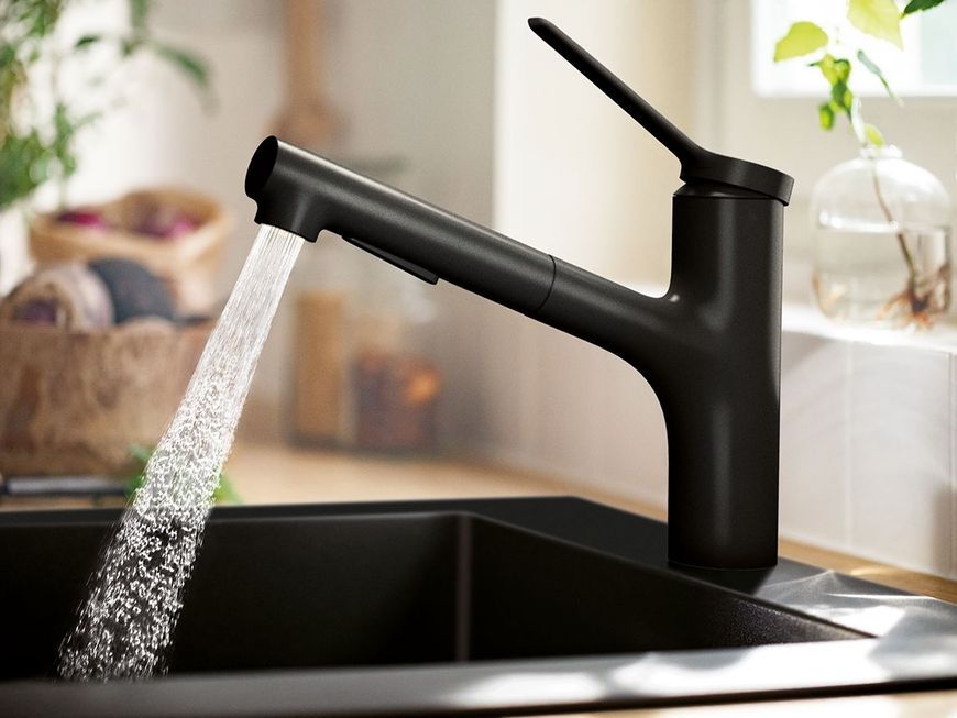 Смеситель кухонный HANSGROHE Zesis M33 150 с вытяжным изливом 2jet 74800670 черный матовый - 74800670