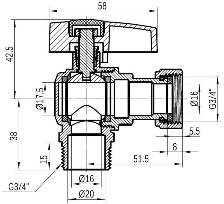 Кран кульовий кутовий з накидною гайкою Thermo Alliance Standart 3/4" ВЗ латунь PN40 TAS224W20