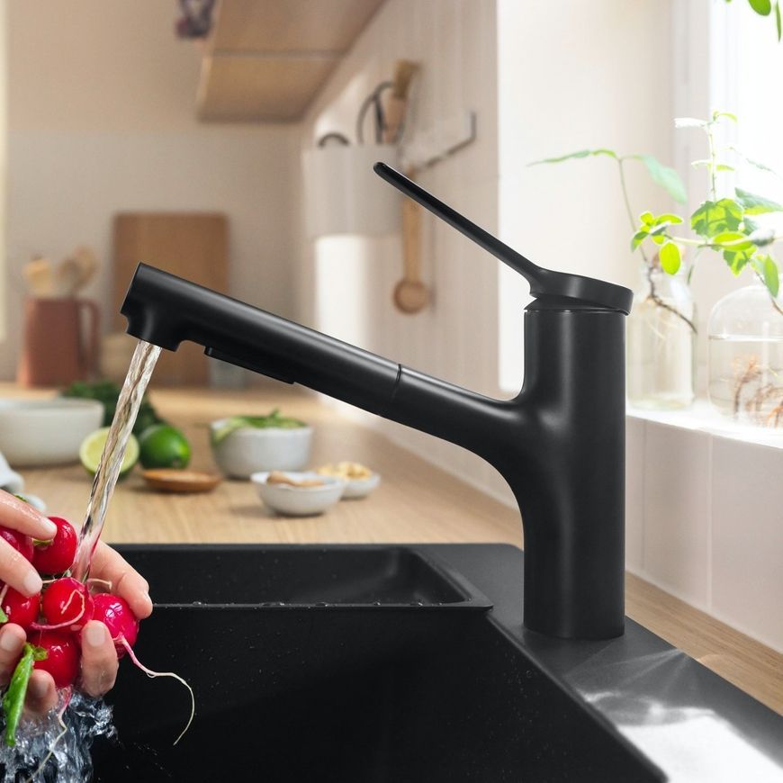 Смеситель кухонный HANSGROHE Zesis M33 150 с вытяжным изливом 2jet 74800670 черный матовый - 74800670