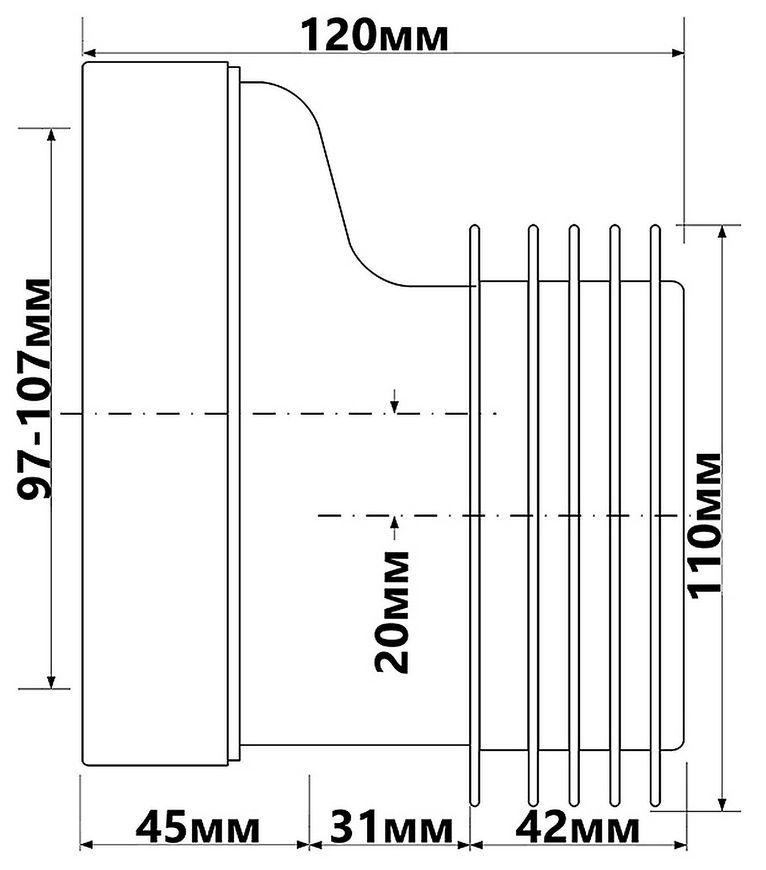 Канализационное подключение McALPINE 120 мм 97-107/110 мм смещение 20 мм WC-CON4
