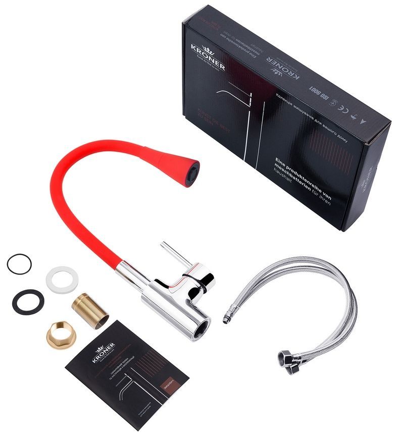 Смеситель для кухни с гибким изливом Kroner KRP Kuche-C031RED латунь хром/красный CV024337 - Kuche-C031RED