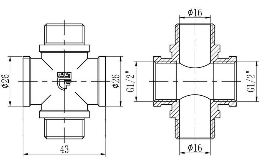 Хрестовина латунна SD Forte 1/2"ВРх1/2"ЗРх1/2"ВРх1/2"ЗР нікельована SF35515