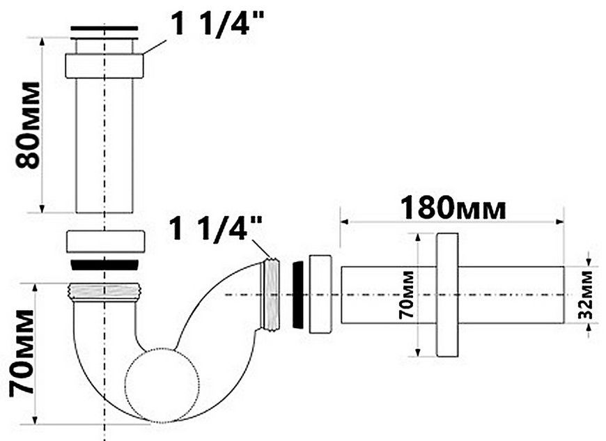 Сифон для биде McALPINE трубный без слива хром латунь 1 1/4&Prime;х32 мм 225CB