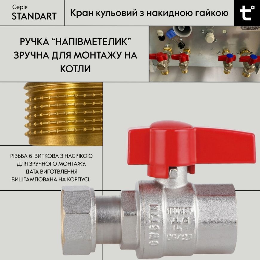 Кран шаровой прямой с накидной гайкой Thermo Alliance Standart 1/2" ВР латунь PN40 TAS260W15
