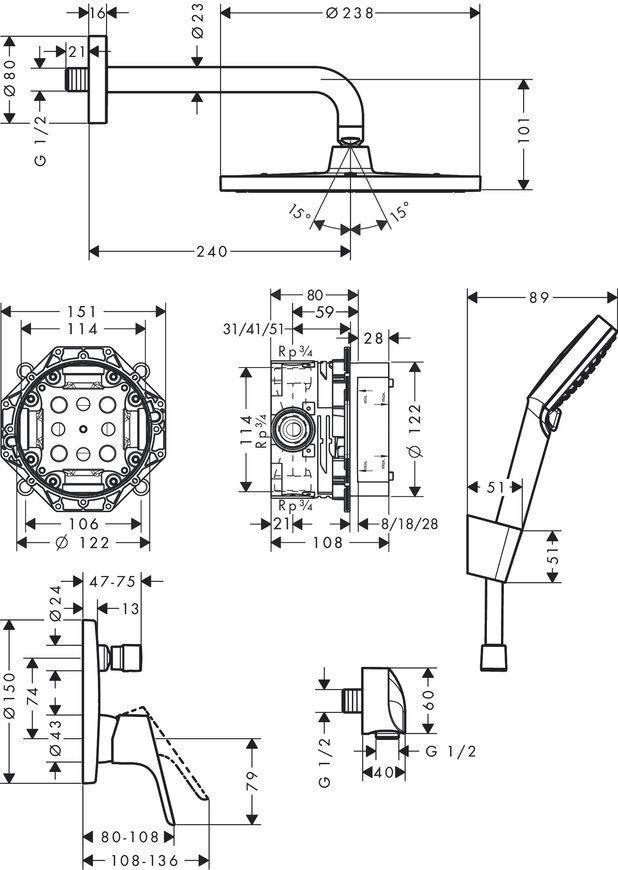 Душова система HANSGROHE Crometta S 240 1jet з одноважільним змішувачем 8 в 1 хром 27958000 - 27958000