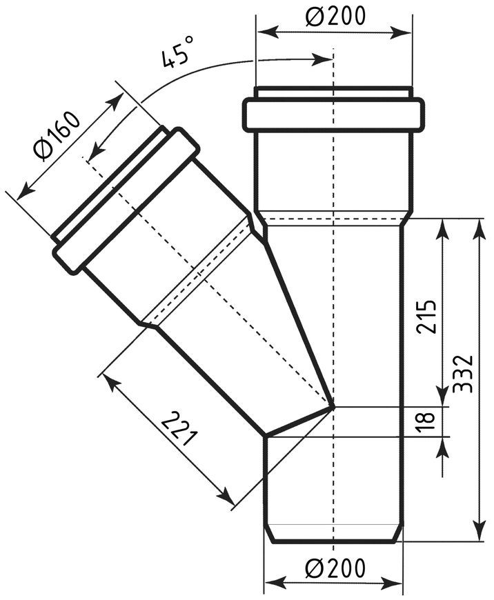 Тройник канализационный Ostendorf-OSMA KG System d200/160/200&times;45&deg; SD00058103