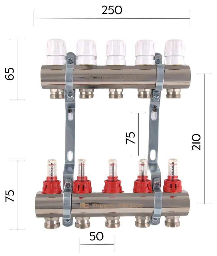 Колектор з витратомірами Thermo Alliance Standart 1" 5 виходів 3/4" + євроконуси 3/4''х16&times;2 SD235W548886 - SD235W548886