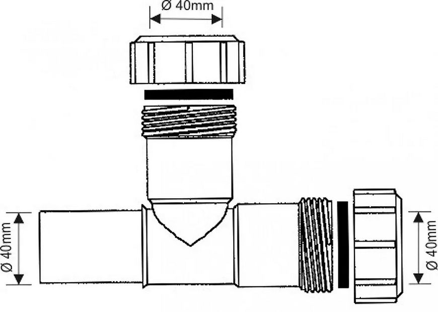 Тройник McALPINE полипропиленовый 40х40х40 мм с 2 гайками+раструб 40F-WH