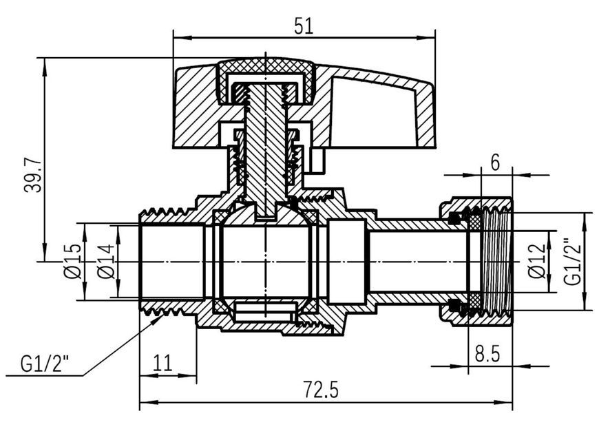 Кран кульовий прямий з накидною гайкою Thermo Alliance Standart 1/2" ВЗ латунь PN40 TAS261W15