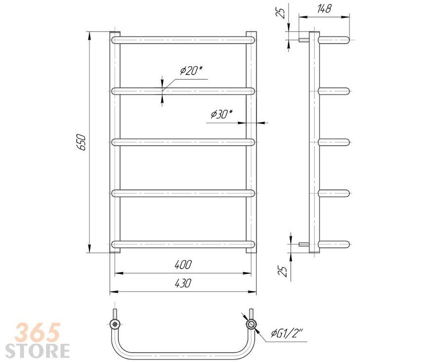 Полотенцесушитель водяной MARIO Стандарт НР 650x430/400 - 1.3.0200.01.P