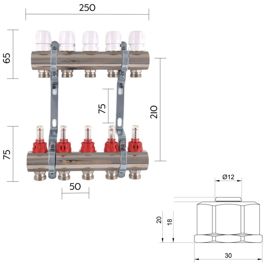 Колектор з витратомірами Thermo Alliance Standart 1" 5 виходів 3/4" + євроконуси 3/4''х16&times;2 SD235W548886 - SD235W548886