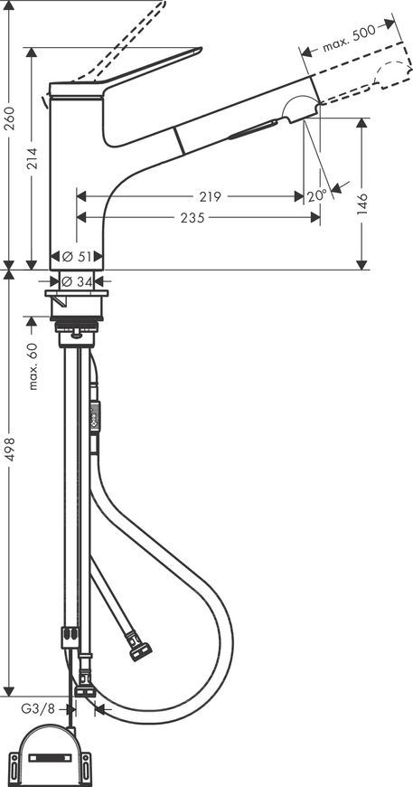 Змішувач кухонний HANSGROHE Zesis M33 150 з витяжним виливом 2jet sBox lite 74803670 чорний матовий - 74803670