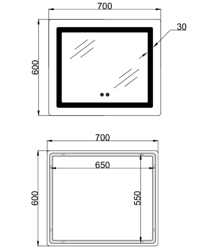 Зеркало Lidz Kubis KU2 700х600 мм с LED-подсветкой Touch, с антизапотеванием, с диммером, рег. яркости LDKU60070049286