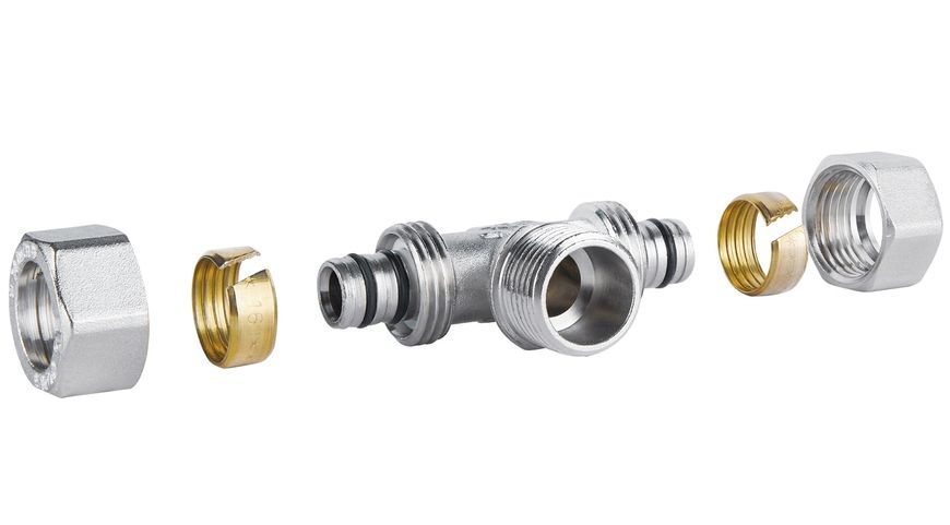 Тройник обжимной SD Plus 16х1/2"х16 НР разборный латунь SD160W161516