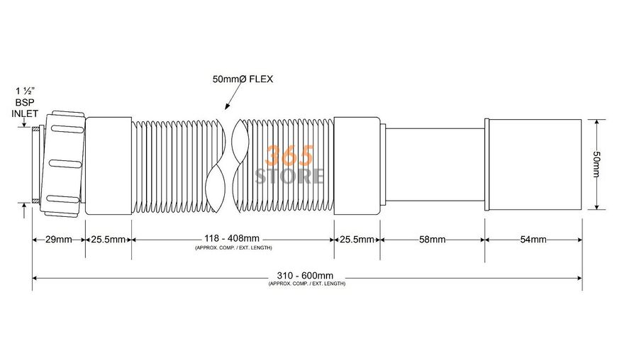 Труба розтяжна (гофра) McALPINE 1 1/2″x40/50 мм до 600 мм FLX-HC27-600