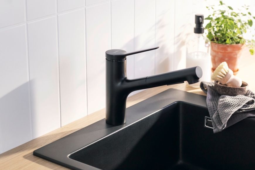 Змішувач кухонний HANSGROHE Zesis M33 150 з витяжним виливом 2jet sBox lite 74803670 чорний матовий - 74803670