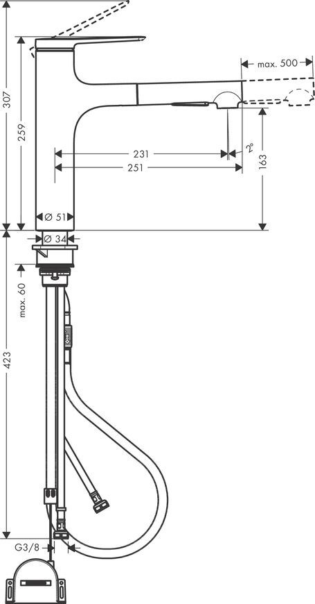 Смеситель кухонный HANSGROHE Zesis M33 160 с вытяжным изливом 2jet sBox lite 74804800 нержавеющая сталь - 74804800