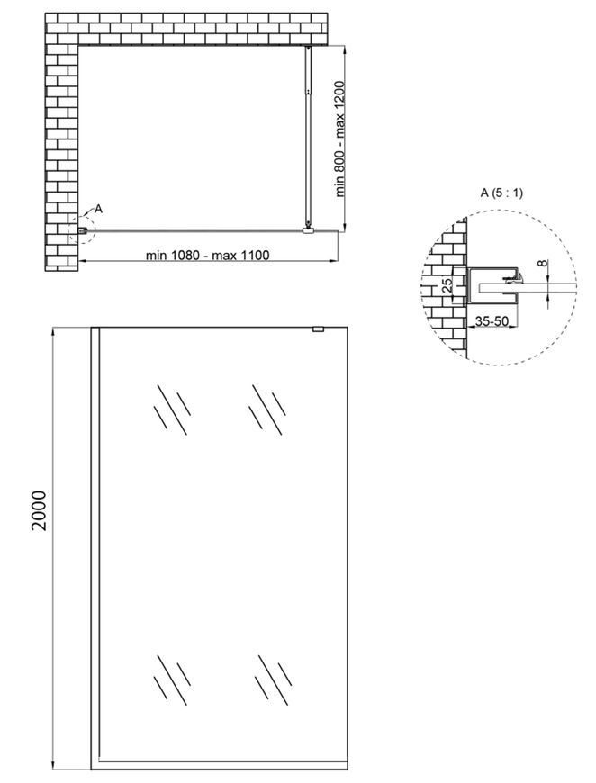 Душевая перегородка Qtap Walk-In Standard BLM2011.C8 стекло 8 мм Clear, CalcLess, 110x200, неподвижная STDBLM2011C8 - STDBLM2011C8